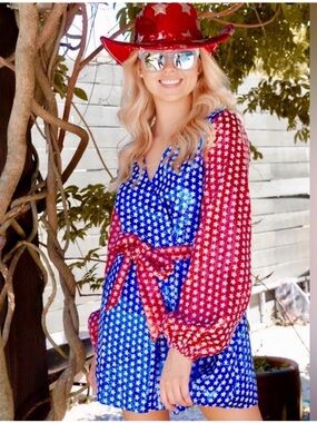 Queen of sparkles QOS red white and blue Star dress Sequin long sleeve wrap NEW